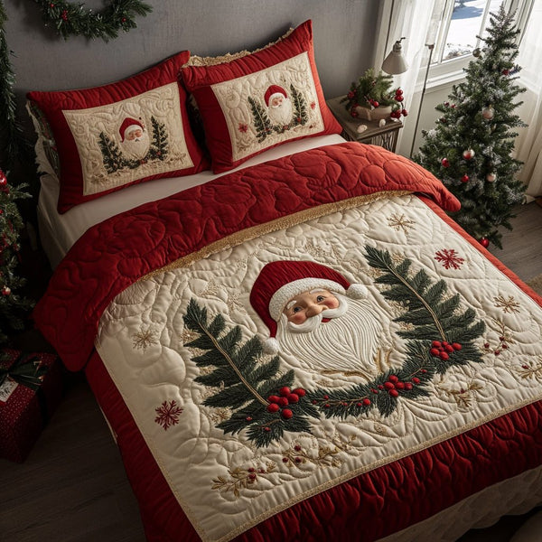 Holiday Santa quilted 3-piece bedding set on a made bed in a winter-styled bedroom