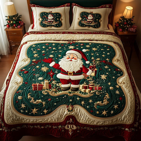 Holiday Santa Spirit quilted 3-piece bedding set on a made bed in a winter-styled bedroom