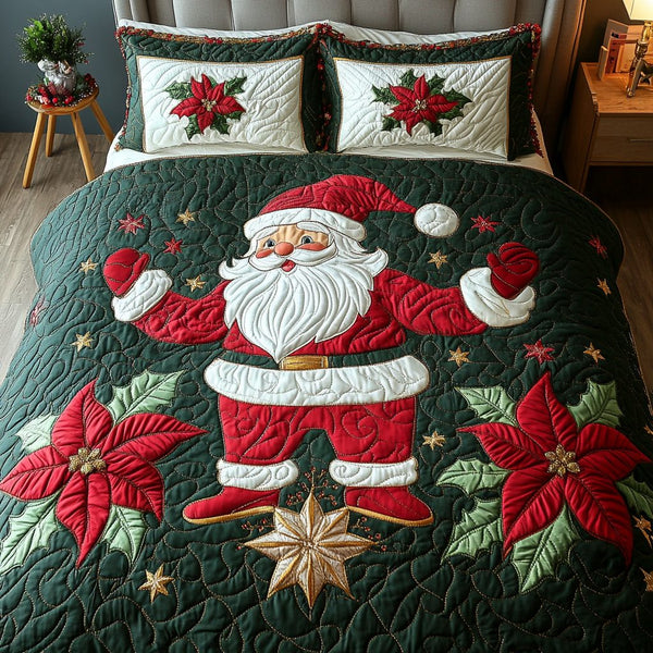 Holiday Santa Spirit quilted 3-piece bedding set on a made bed in a winter-styled bedroom