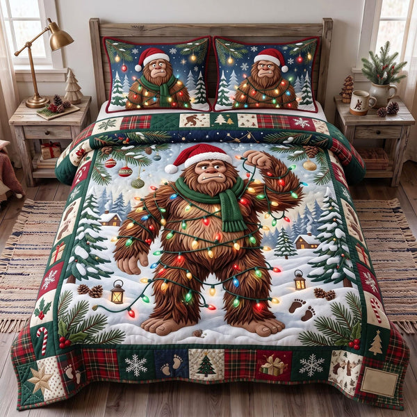 Holiday Sasquatch quilted 3-piece bedding set on a made bed in a winter-styled bedroom