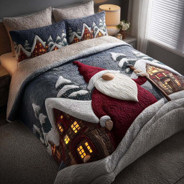 Holiday Season Bliss quilted 3-piece bedding set on a made bed in a winter-styled bedroom