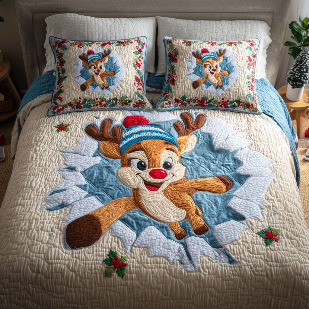 Holiday Shine quilted 3-piece bedding set on a made bed in a winter-styled bedroom