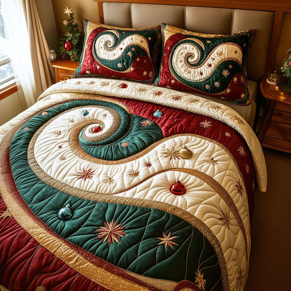 Holiday Shine quilted 3-piece bedding set on a made bed in a winter-styled bedroom