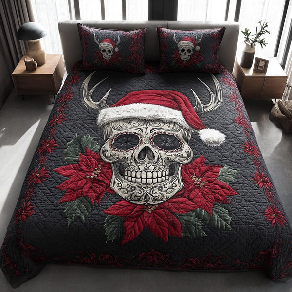 Holiday Skull Reindeer quilted 3-piece bedding set on a made bed in a winter-styled bedroom