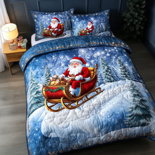 Holiday Sleigh Ride quilted 3-piece bedding set on a made bed in a winter-styled bedroom