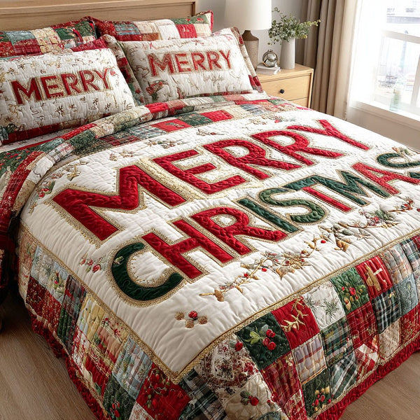 Holiday Sparkle quilted 3-piece bedding set on a made bed in a winter-styled bedroom