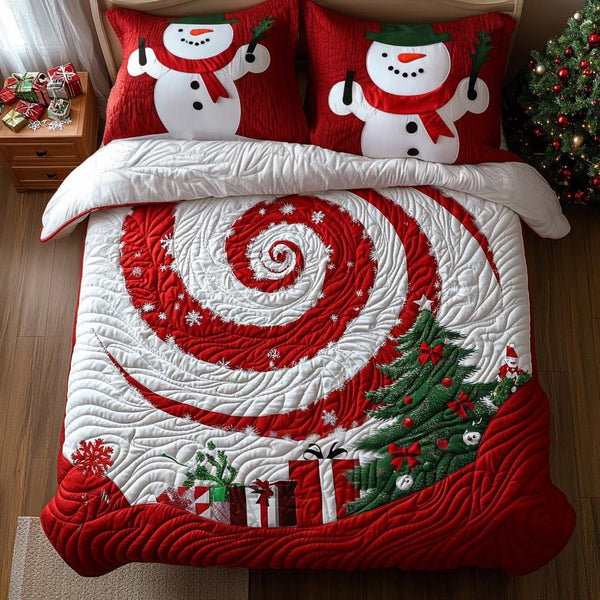 Holiday Spiral quilted 3-piece bedding set on a made bed in a winter-styled bedroom