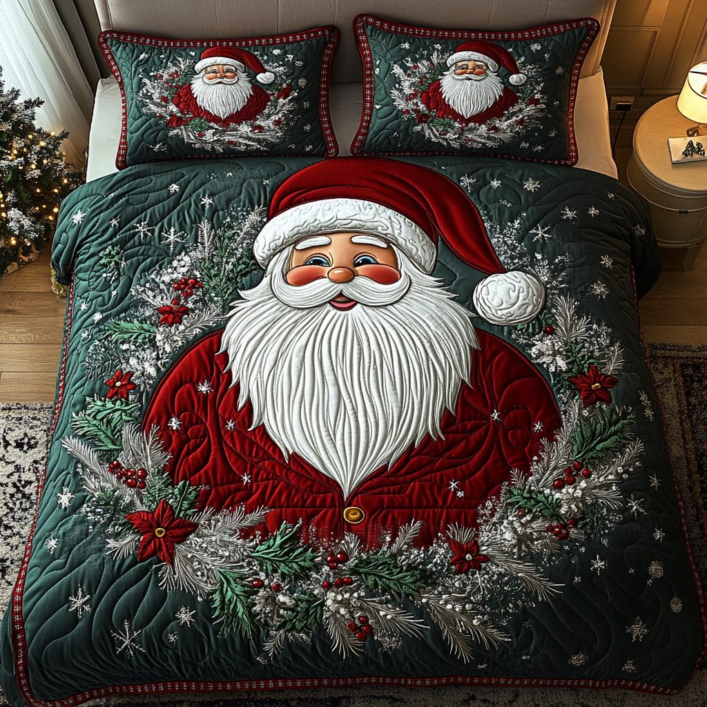 Holiday Spirit quilted 3-piece bedding set on a made bed in a winter-styled bedroom
