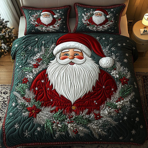 Holiday Spirit quilted 3-piece bedding set on a made bed in a winter-styled bedroom