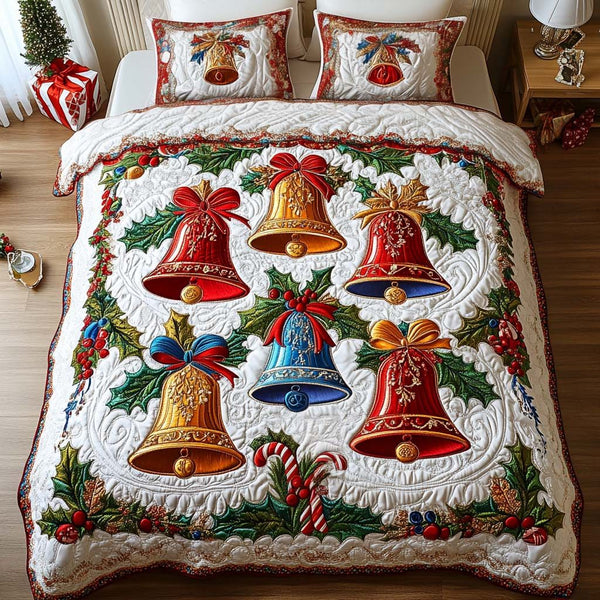 Holiday Spirit quilted 3-piece bedding set on a made bed in a winter-styled bedroom