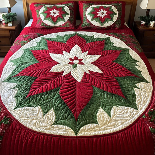 Holiday Spirit Snuggle quilted 3-piece bedding set on a made bed in a winter-styled bedroom