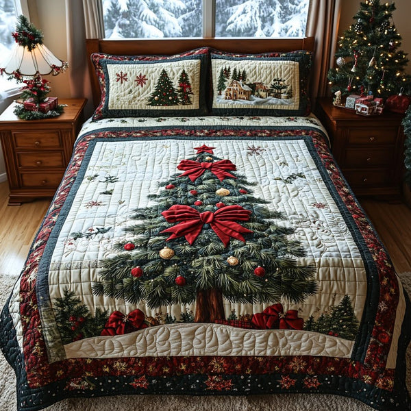 Holiday Splendor quilted 3-piece bedding set on a made bed in a winter-styled bedroom