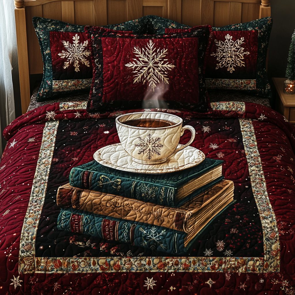 Holiday Tales quilted 3-piece bedding set on a made bed in a winter-styled bedroom