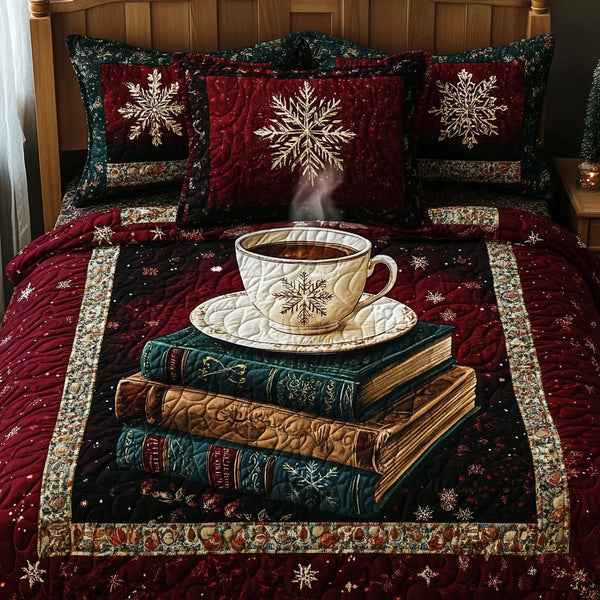 Holiday Tales quilted 3-piece bedding set on a made bed in a winter-styled bedroom