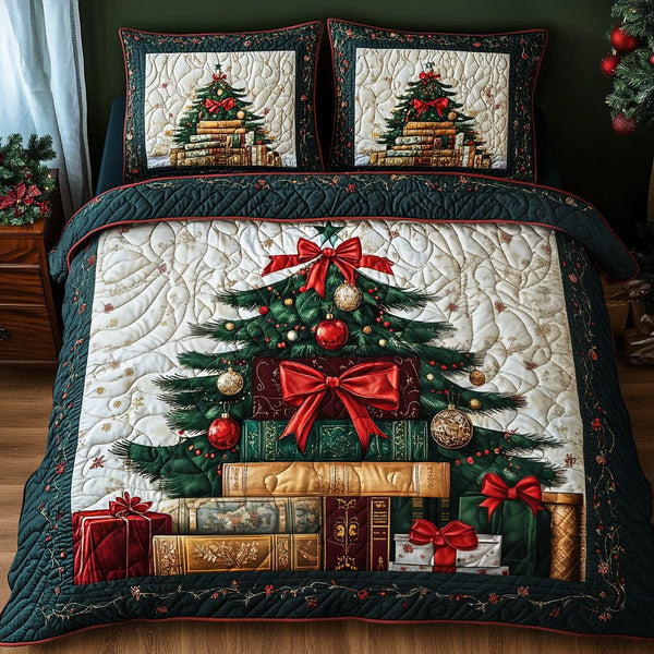 Holiday Tales quilted 3-piece bedding set on a made bed in a winter-styled bedroom