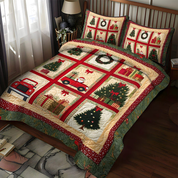 Holiday Toyland quilted 3-piece bedding set on a made bed in a winter-styled bedroom