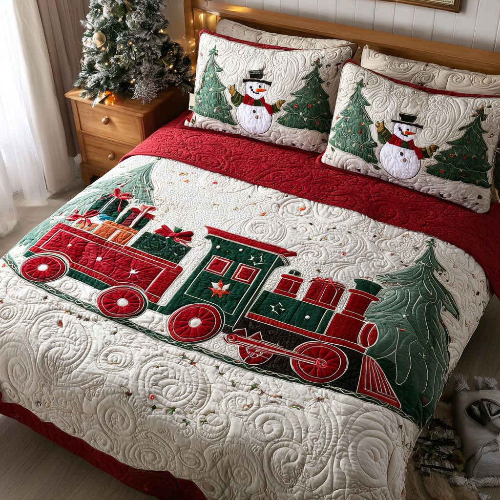 Holiday Tracks quilted 3-piece bedding set on a made bed in a winter-styled bedroom
