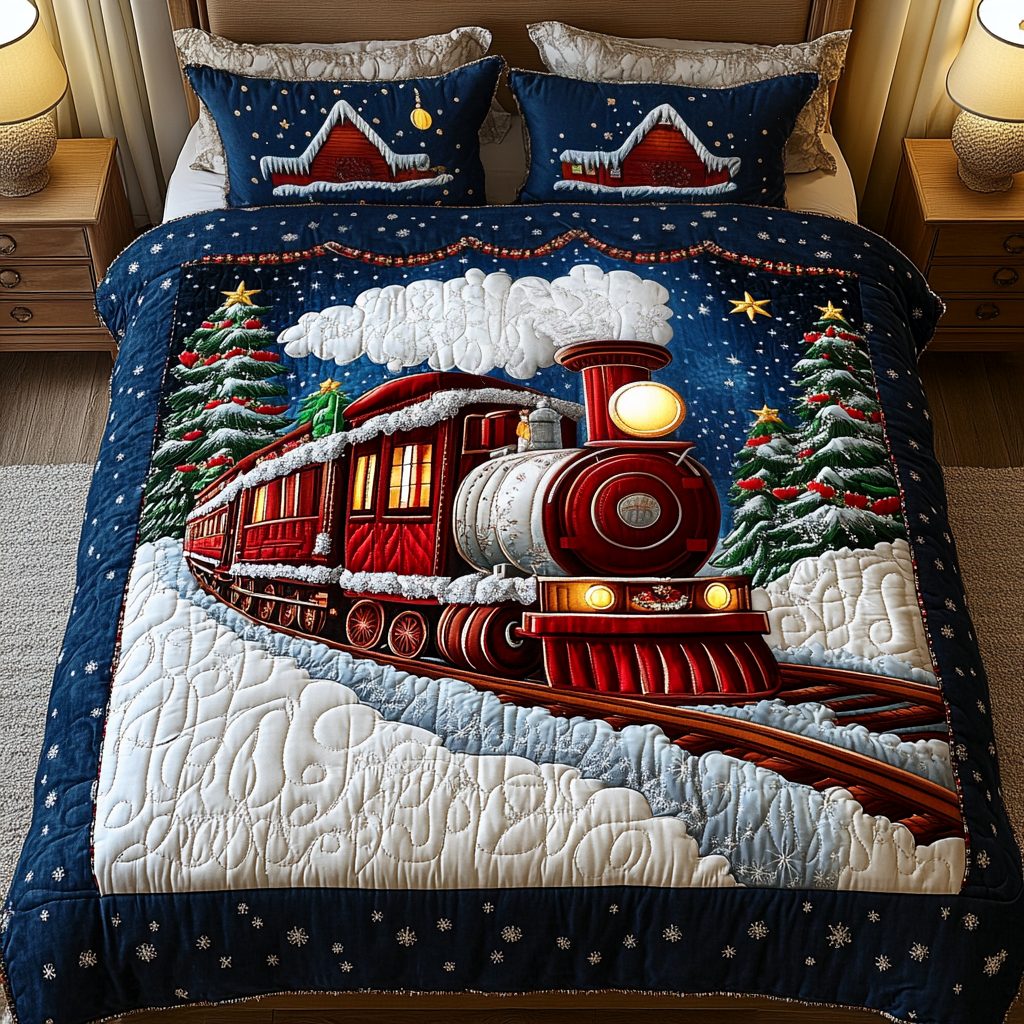 Holiday Tracks quilted 3-piece bedding set on a made bed in a winter-styled bedroom