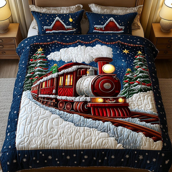 Holiday Tracks quilted 3-piece bedding set on a made bed in a winter-styled bedroom
