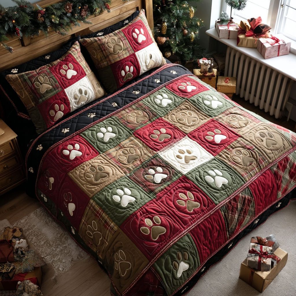 Holiday Trails quilted 3-piece bedding set on a made bed in a winter-styled bedroom