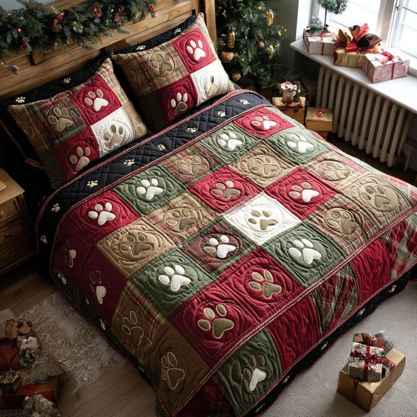 Holiday Trails quilted 3-piece bedding set on a made bed in a winter-styled bedroom
