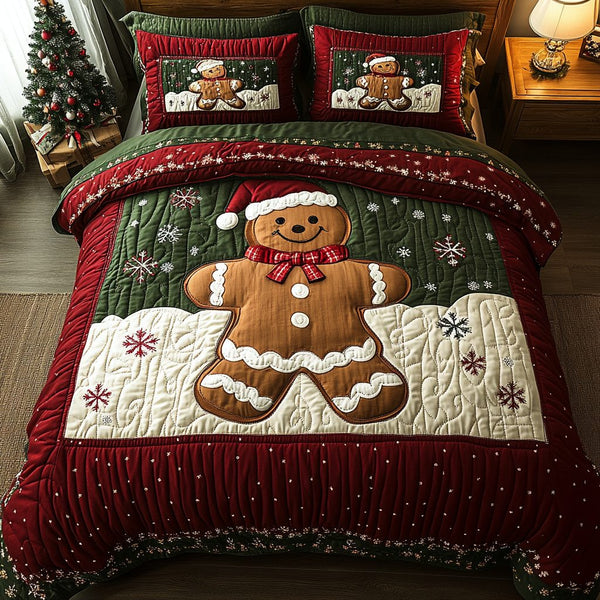 Holiday Treat quilted 3-piece bedding set on a made bed in a winter-styled bedroom