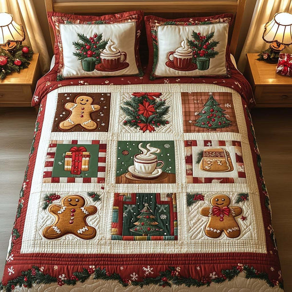 Holiday Treats quilted 3-piece bedding set on a made bed in a winter-styled bedroom