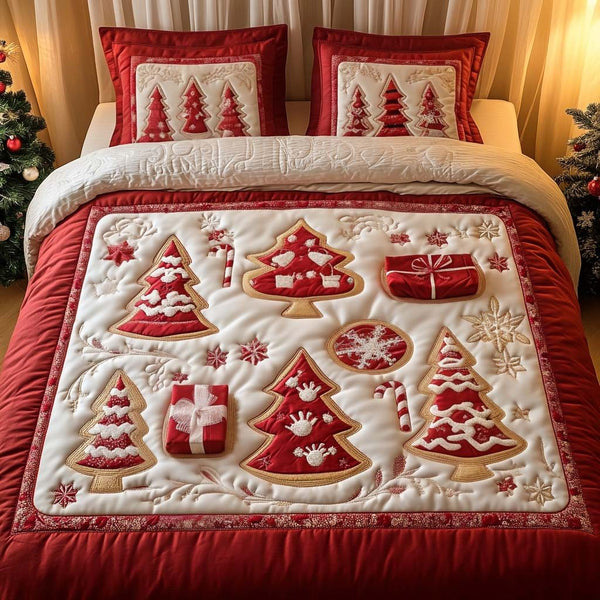 Holiday Tree Magic quilted 3-piece bedding set on a made bed in a winter-styled bedroom