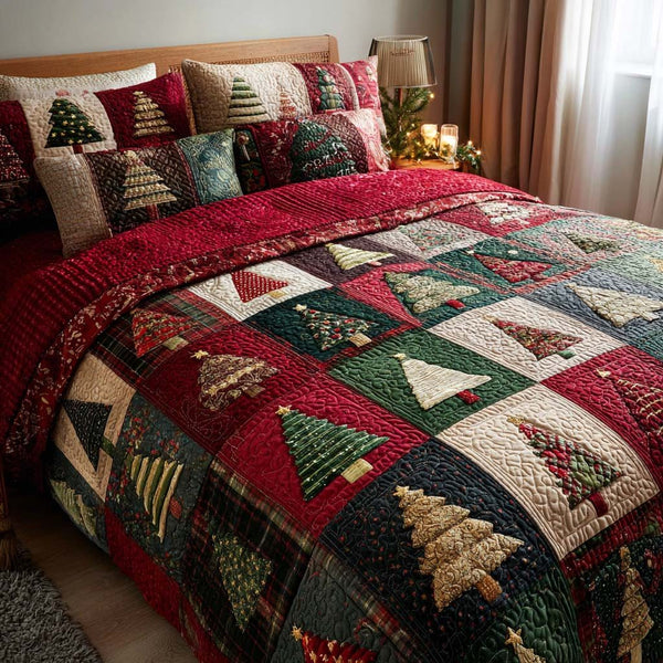 Holiday Tree quilted 3-piece bedding set on a made bed in a winter-styled bedroom