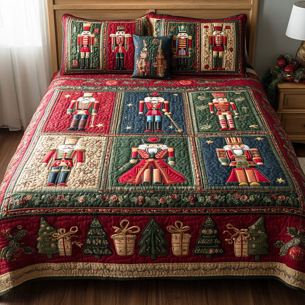 Holiday Trooper quilted 3-piece bedding set on a made bed in a winter-styled bedroom