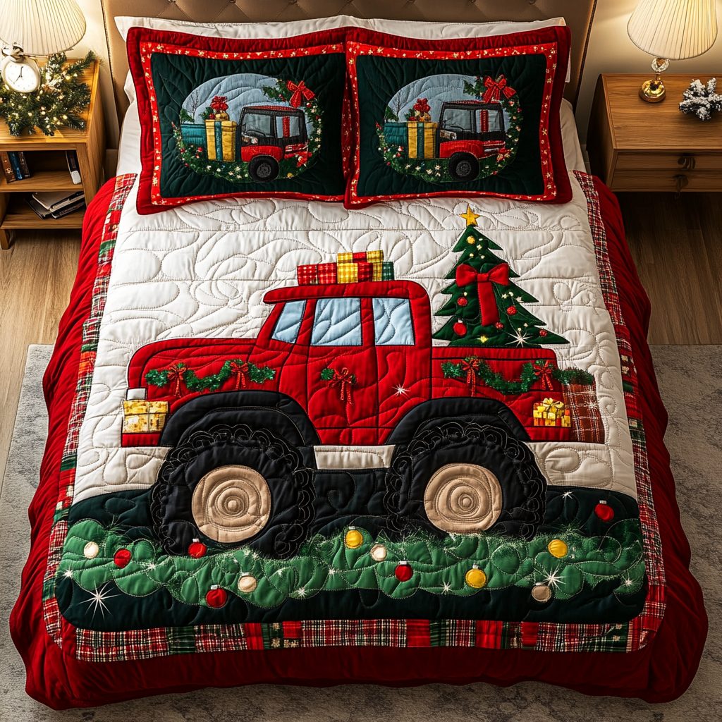 Holiday Truck quilted 3-piece bedding set on a made bed in a winter-styled bedroom