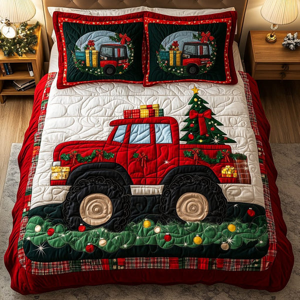 Holiday Truck quilted 3-piece bedding set on a made bed in a winter-styled bedroom