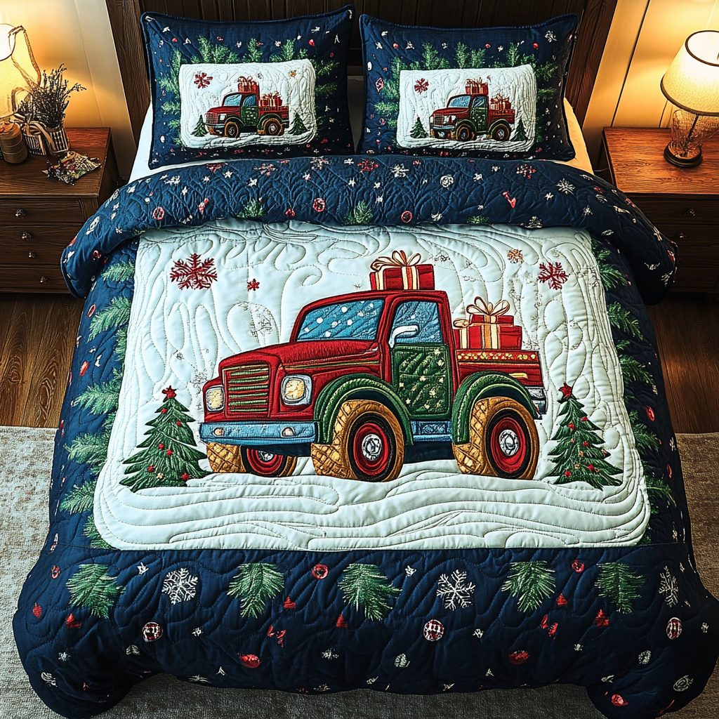 Holiday Trucking Adventure quilted 3-piece bedding set on a made bed in a winter-styled bedroom