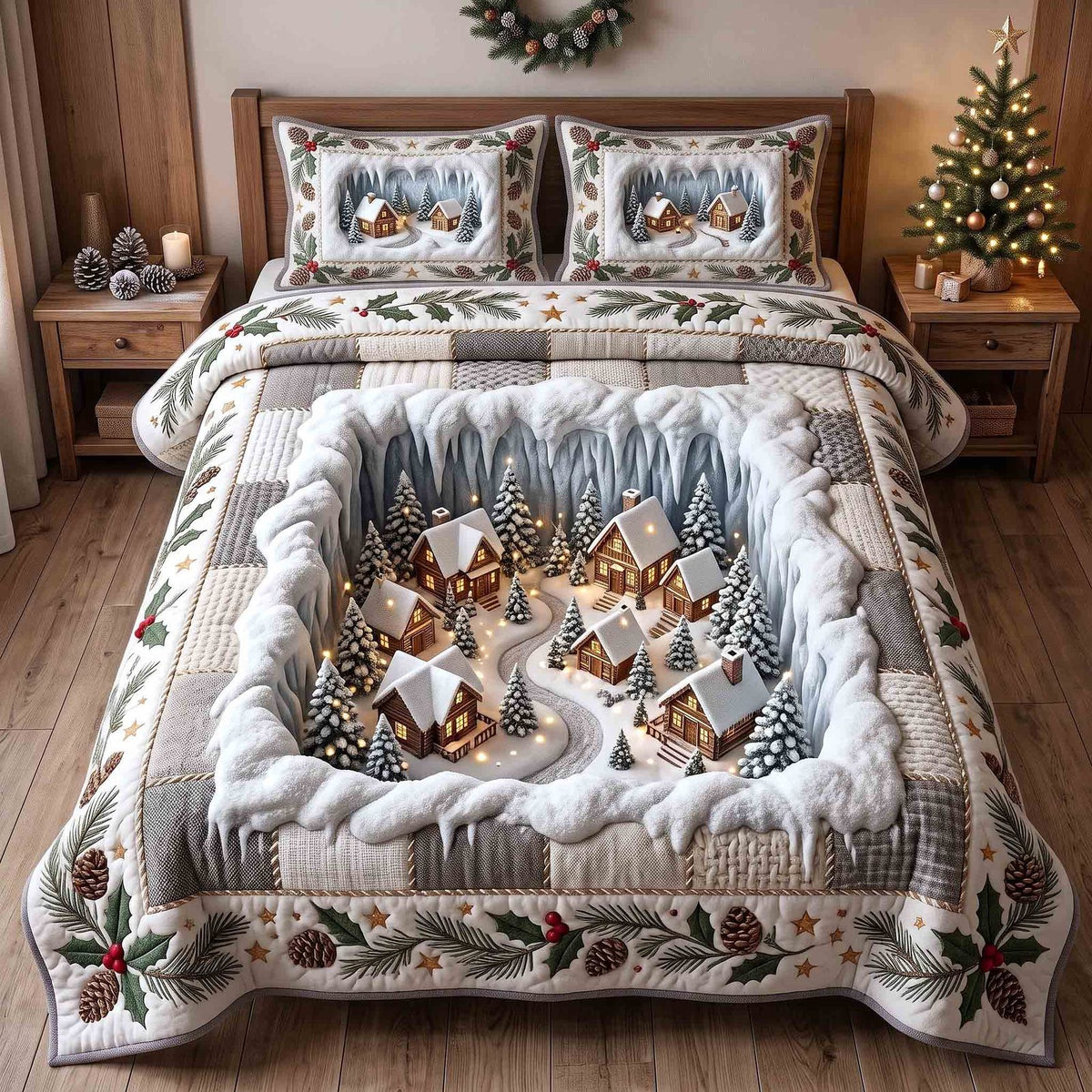 Holiday Village quilted 3-piece bedding set on a made bed in a winter-styled bedroom