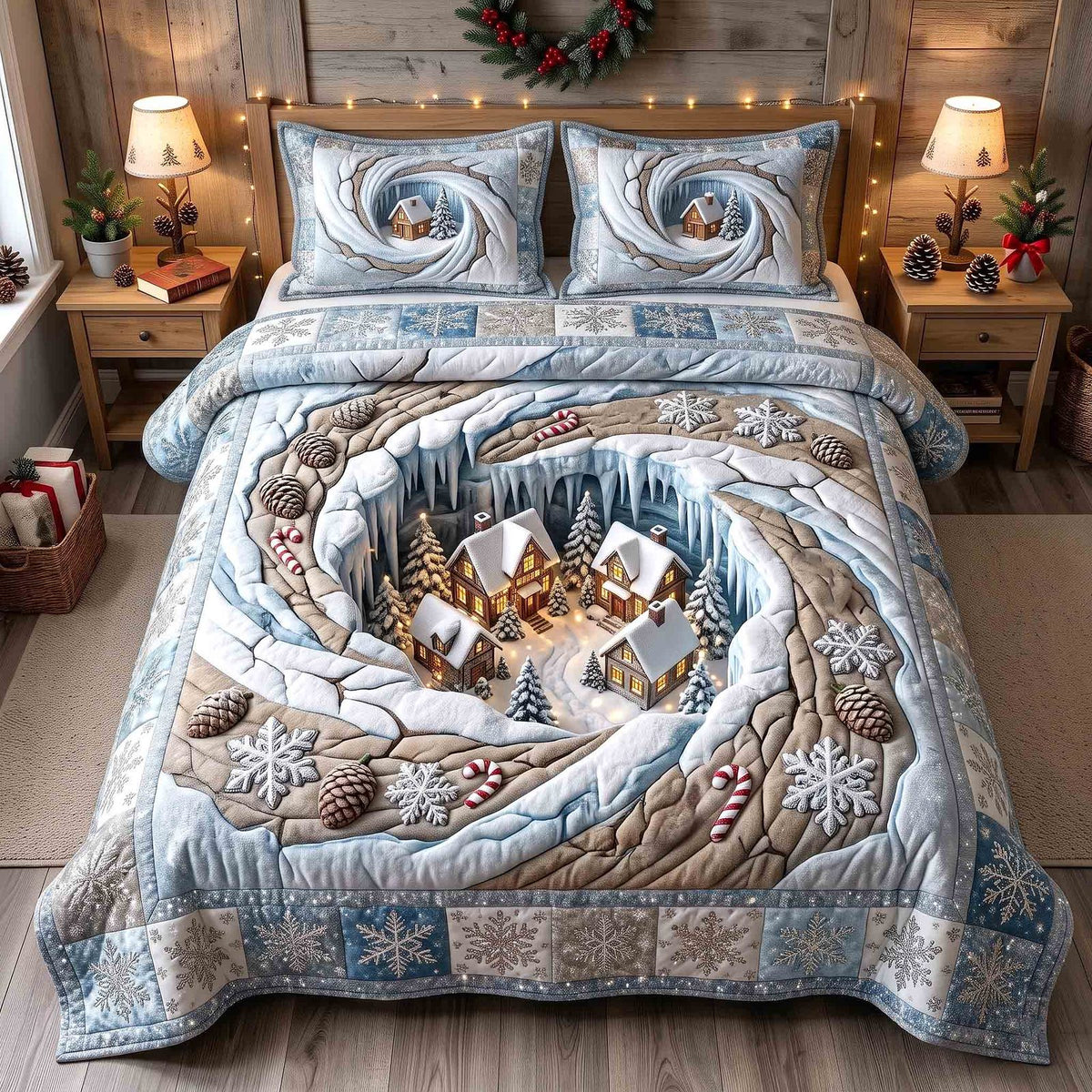 Holiday Village quilted 3-piece bedding set on a made bed in a winter-styled bedroom