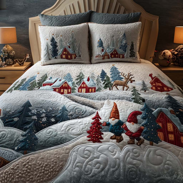 Holiday Village quilted 3-piece bedding set on a made bed in a winter-styled bedroom
