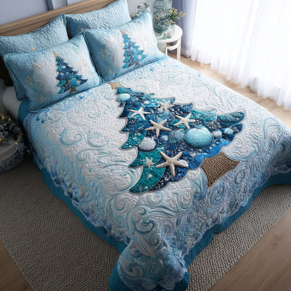 Holiday Voyage quilted 3-piece bedding set on a made bed in a winter-styled bedroom
