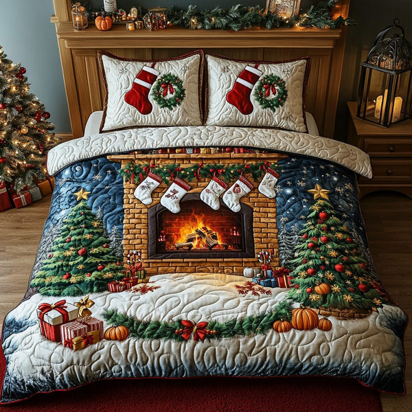 Holiday Warmth quilted 3-piece bedding set on a made bed in a winter-styled bedroom