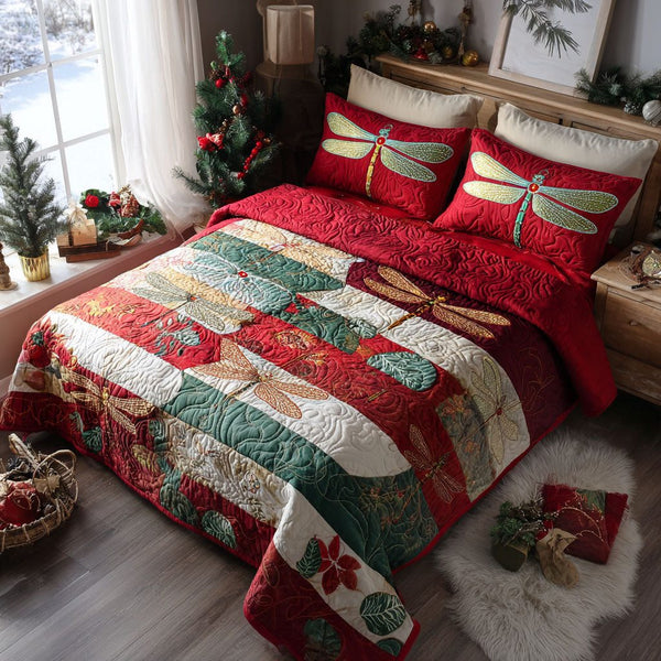 Holiday Wing Glow quilted 3-piece bedding set on a made bed in a winter-styled bedroom