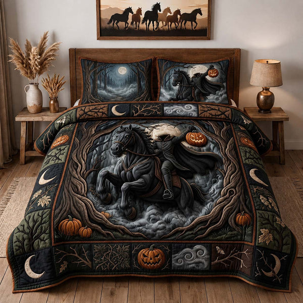 Hollow Horseman quilted 3-piece bedding set on a made bed with two matching pillow shams