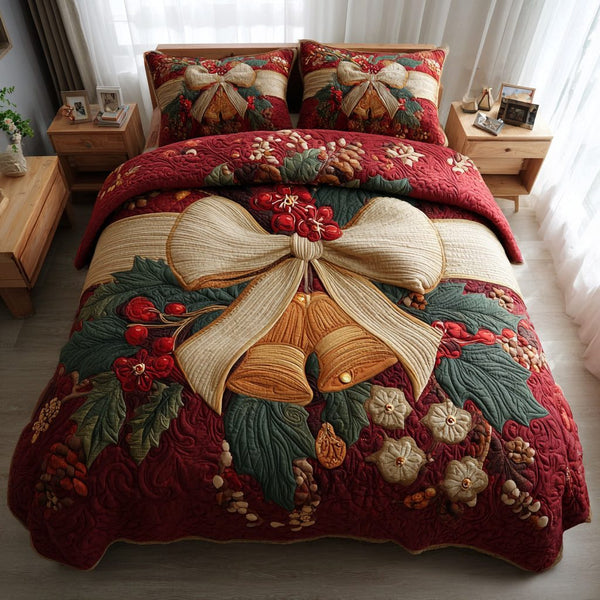 Holly Bell Wreath quilted 3-piece bedding set on a made bed in a winter-styled bedroom