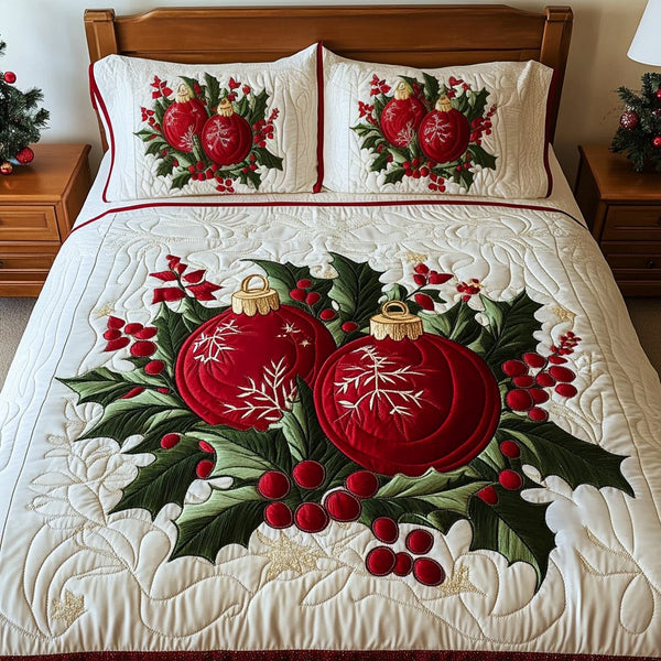 Holly Berry Bliss quilted 3-piece bedding set on a made bed with two matching pillow shams