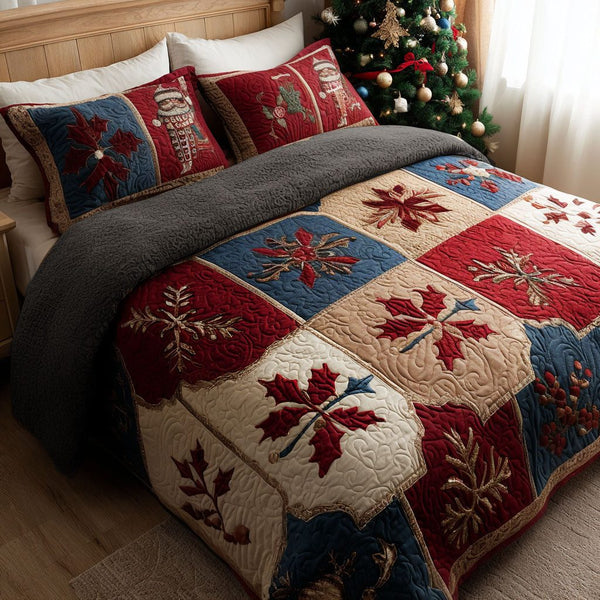Holly Berry Dreams quilted 3-piece bedding set on a made bed with two matching pillow shams