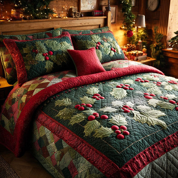 Holly Berry Dreams quilted 3-piece bedding set on a made bed with two matching pillow shams