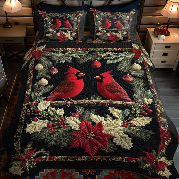Holly Berry Nest quilted 3-piece bedding set on a made bed with two matching pillow shams