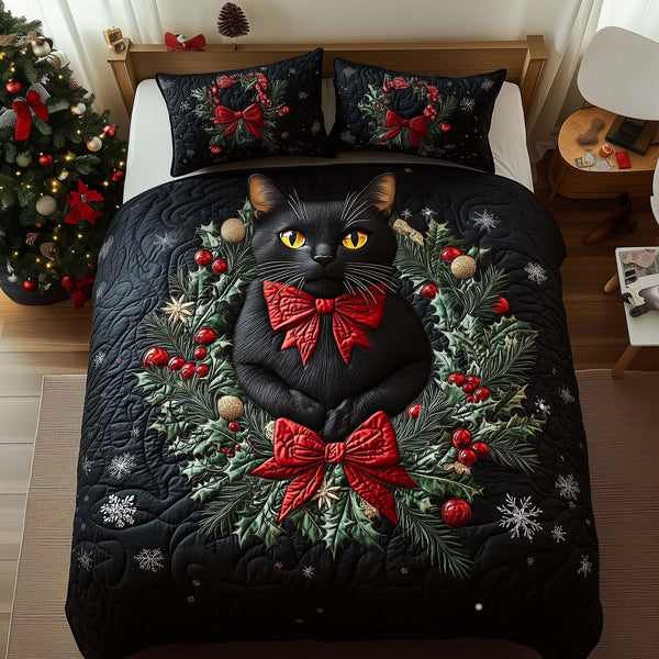 Holly Cat quilted 3-piece bedding set on a made bed with two matching pillow shams