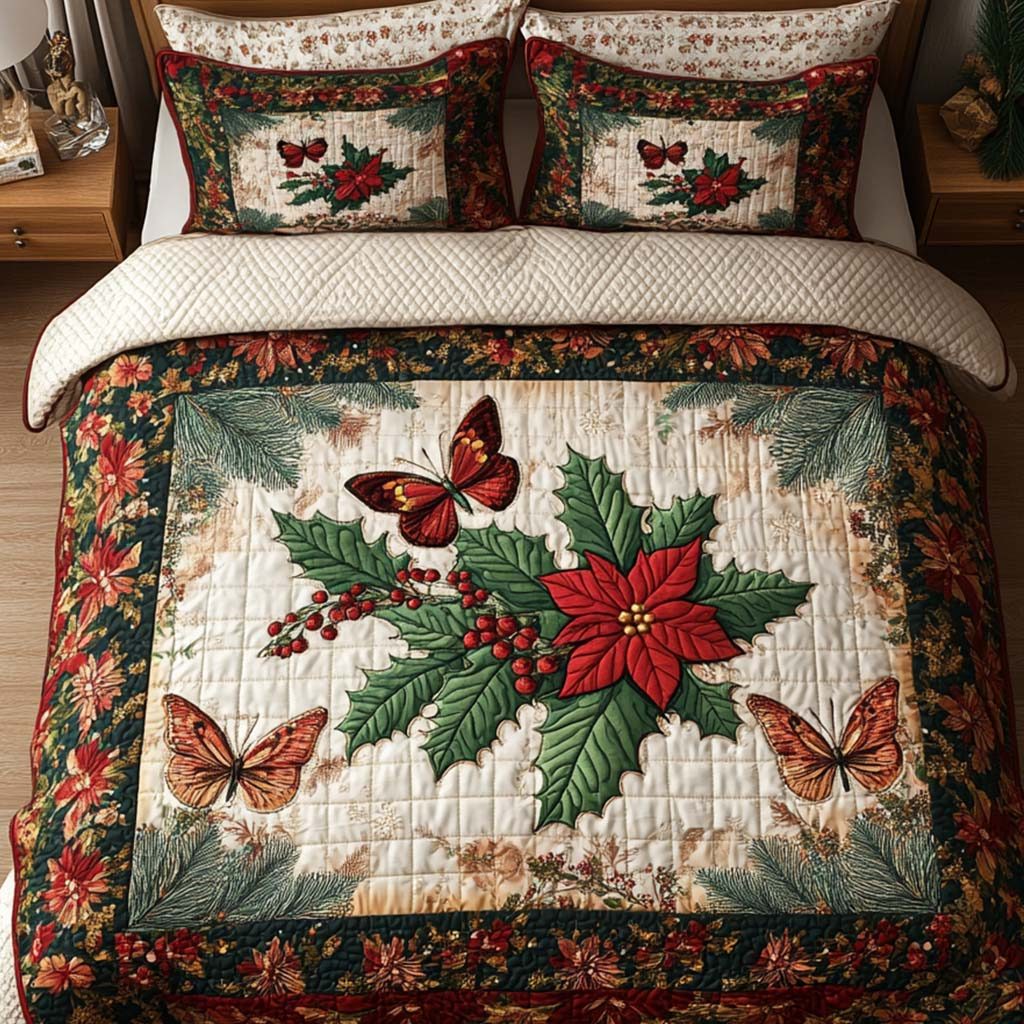 Holly Delight quilted 3-piece bedding set on a made bed with two matching pillow shams