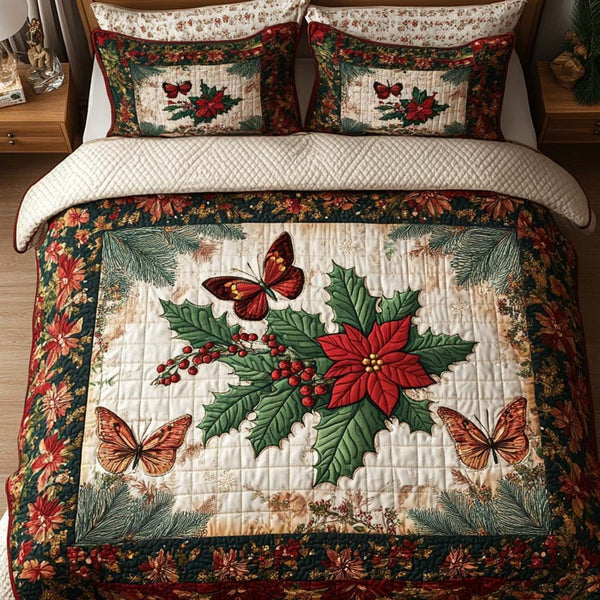 Holly Delight quilted 3-piece bedding set on a made bed with two matching pillow shams