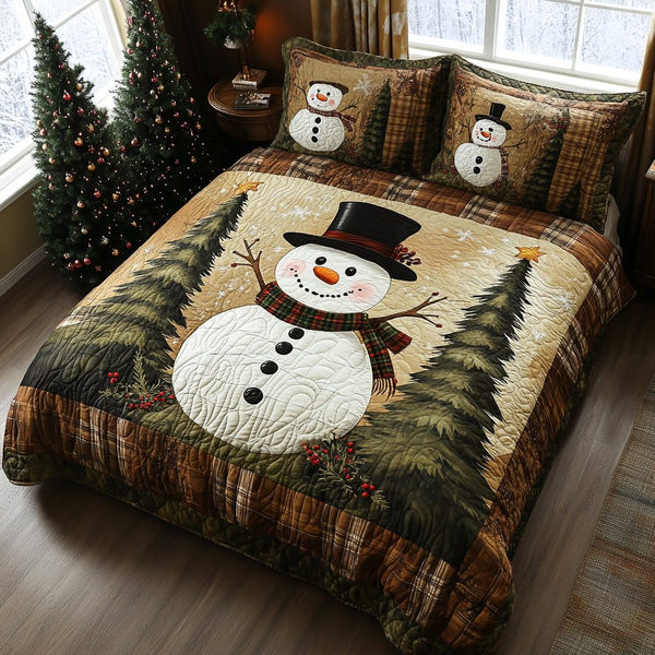 Holly Frost quilted 3-piece bedding set on a made bed in a winter-styled bedroom