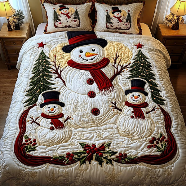 Holly Frost quilted 3-piece bedding set on a made bed in a winter-styled bedroom